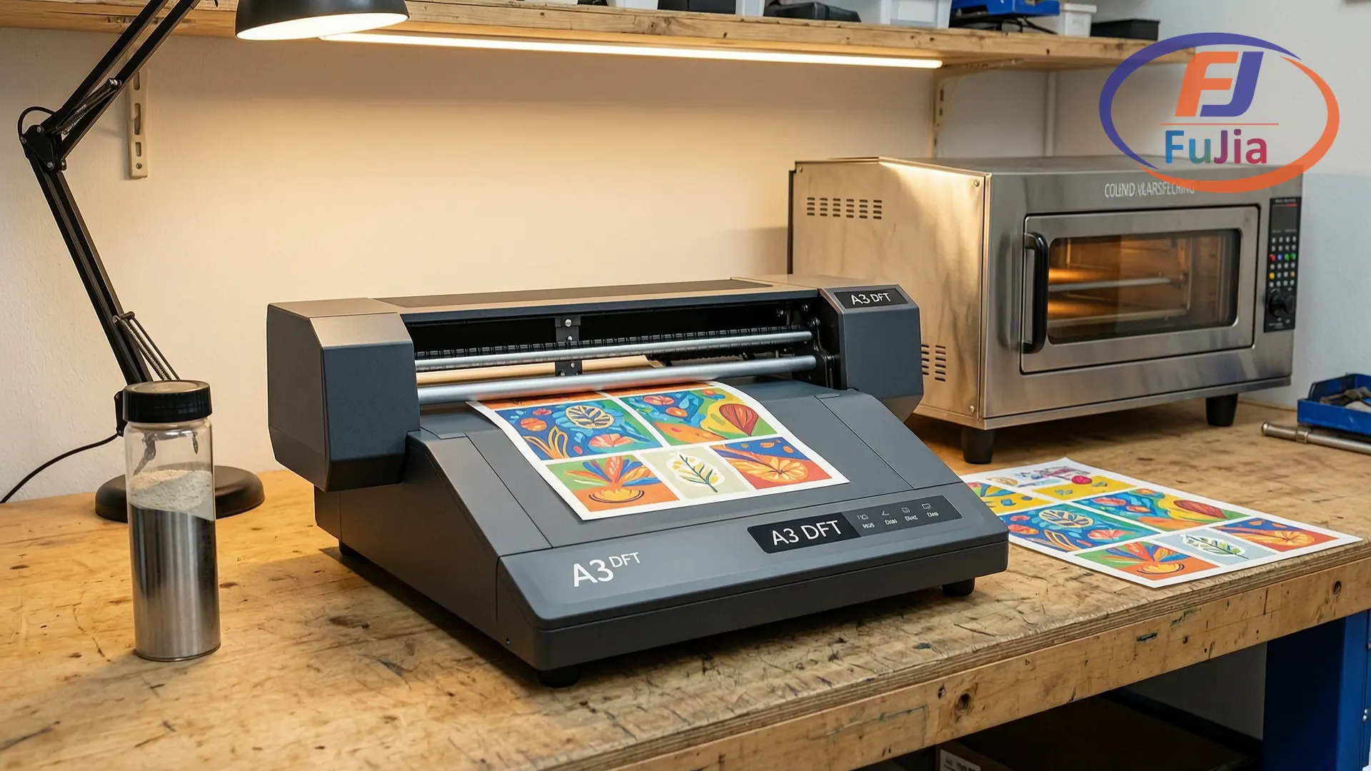 A3 DTF printer setup with powder shaker and curing oven