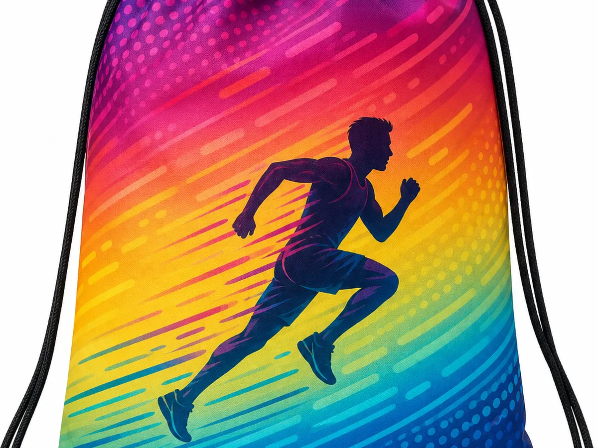 Sublimation custom bag printing result — polyester drawstring bag with seamless full-color gradient designgn