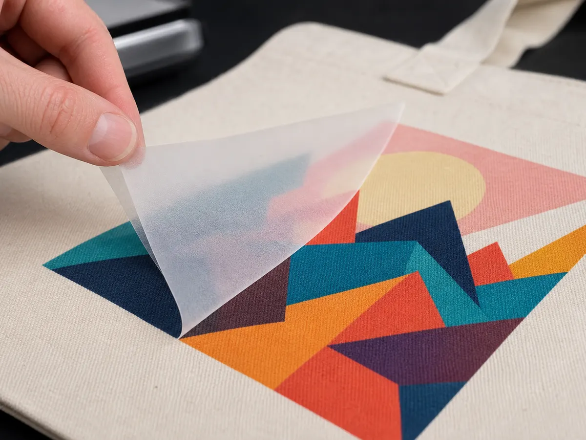 DTF heat transfer process for custom tote bag printing — peeling PET film off canvas bag revealing vibrant design
