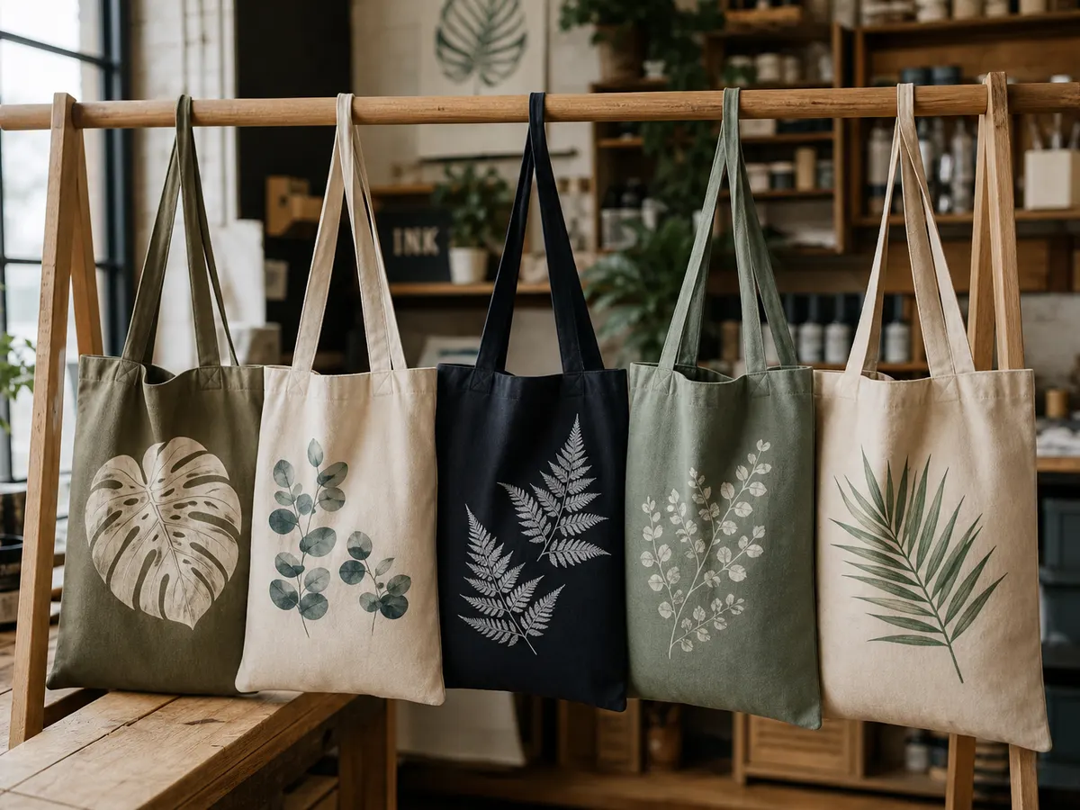 Custom tote bag printing manufacturer case study — botanical DTF prints on canvas bags for indie brand