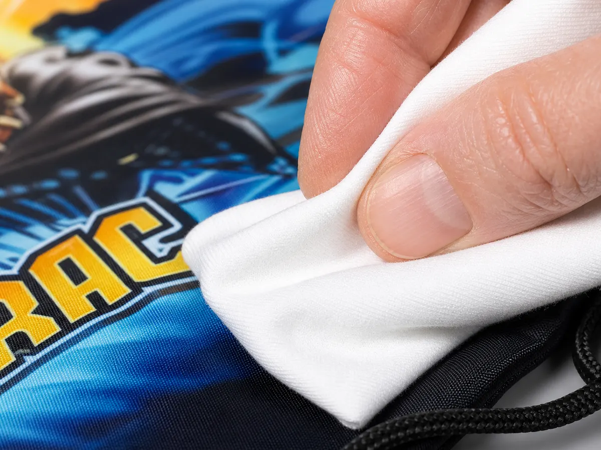 Custom bag printing permanence test — sublimation ink bonded into polyester fabric resisting abrasion without color transfer