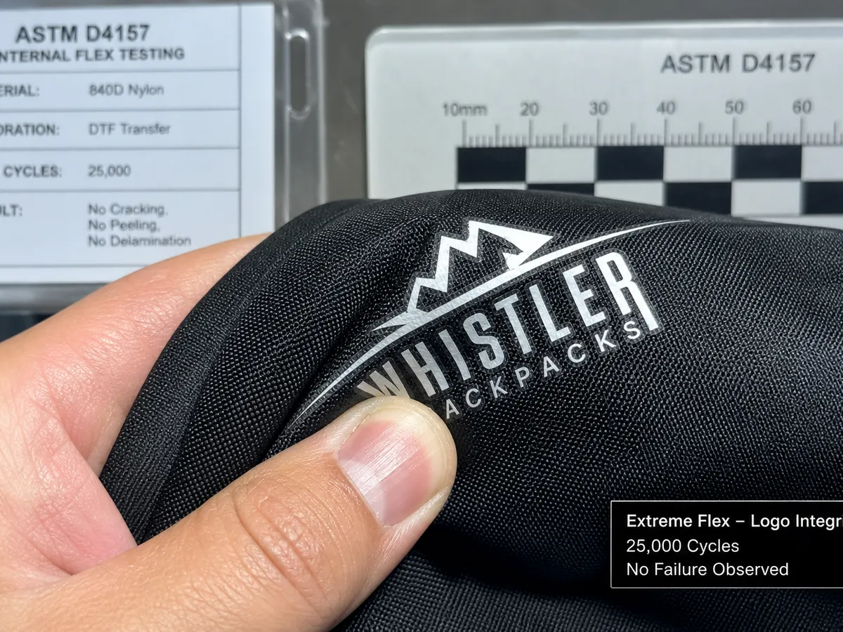 Custom bag printing durability test — DTF printed backpack fabric under extreme flex with no cracking