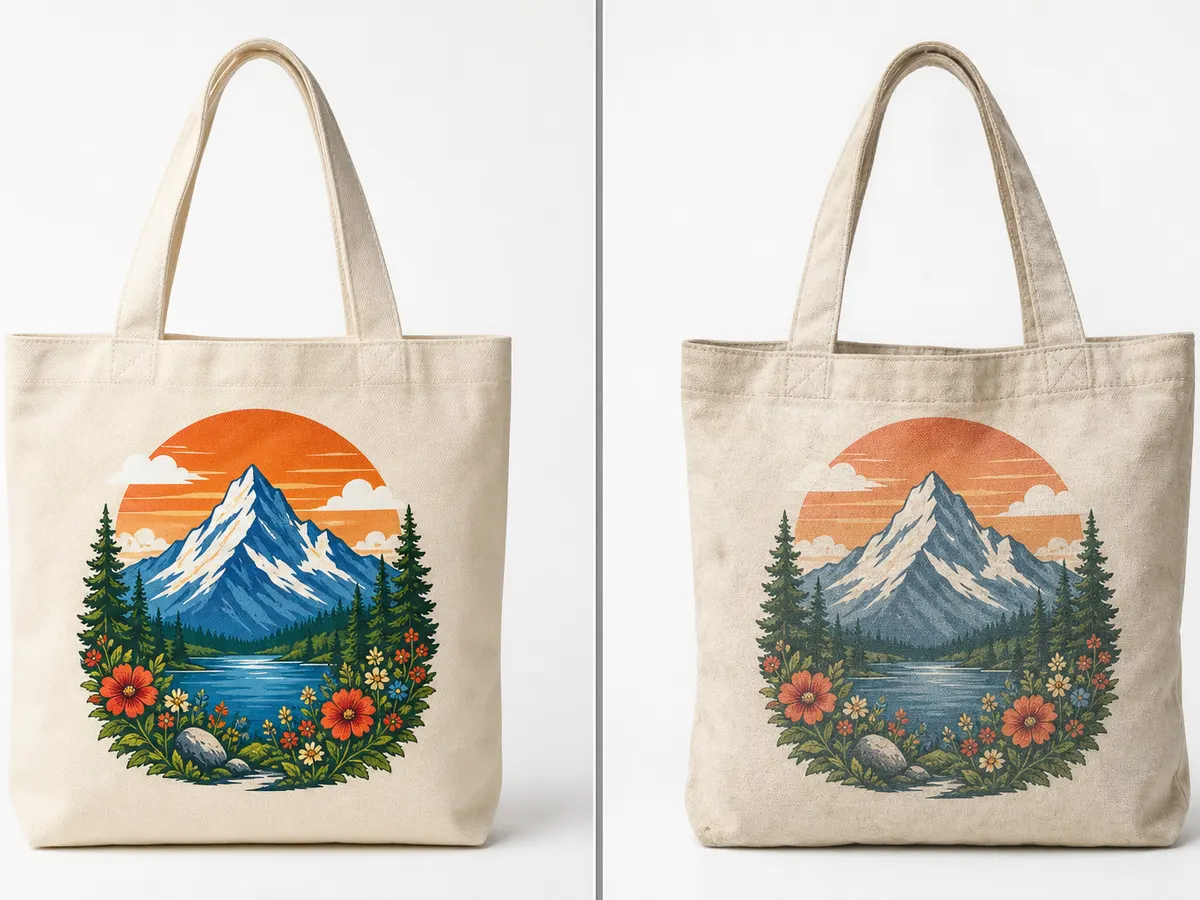 Custom bag printing durability test — DTF printed canvas tote bag after 50 machine washes with minimal fading