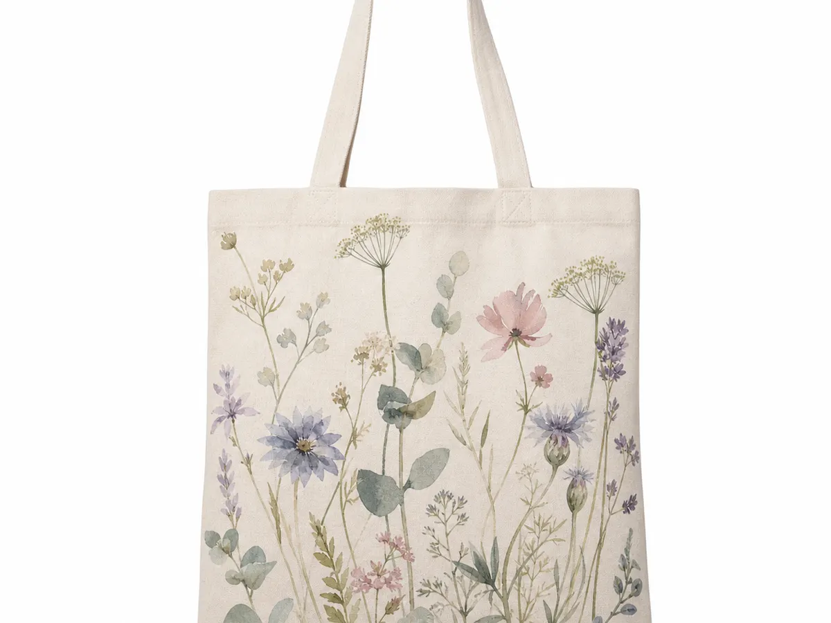 Custom cotton shopper bag with DTG printed botanical watercolor — dtg printed tote bags sample sample