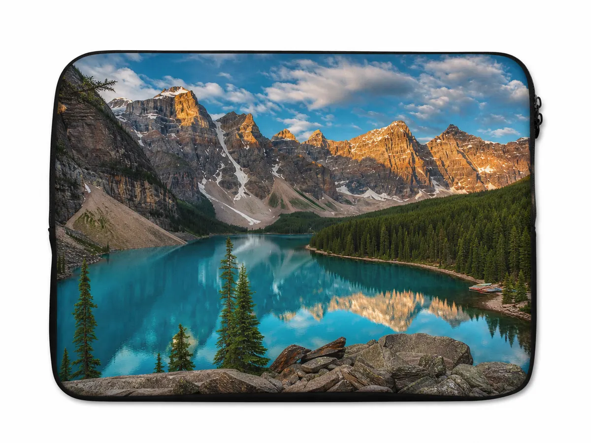 Custom polyester laptop sleeve with sublimation full-wrap landscape print — heat transfer bag printing sampleing sample