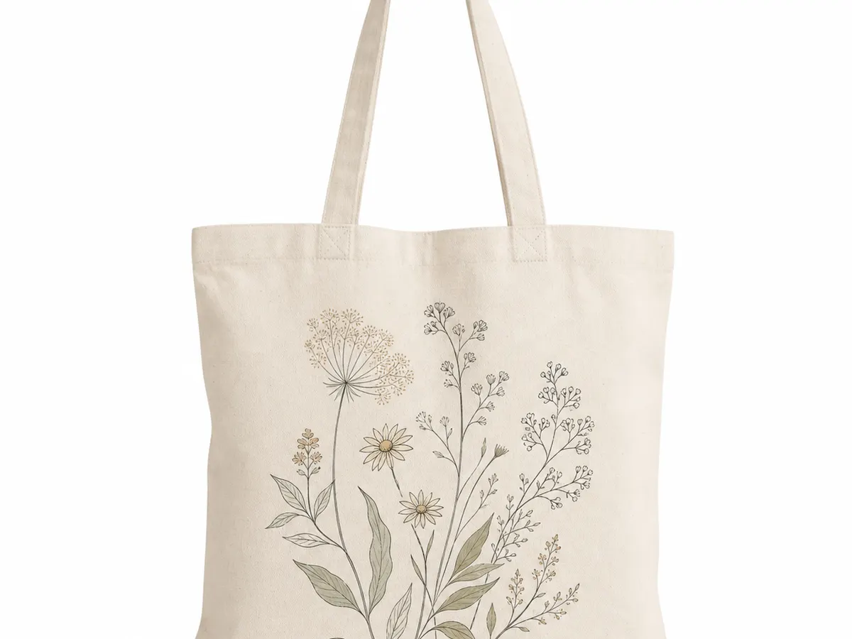 Custom organic cotton eco bag with DTG printed line art illustration — custom bag printing solutions sample