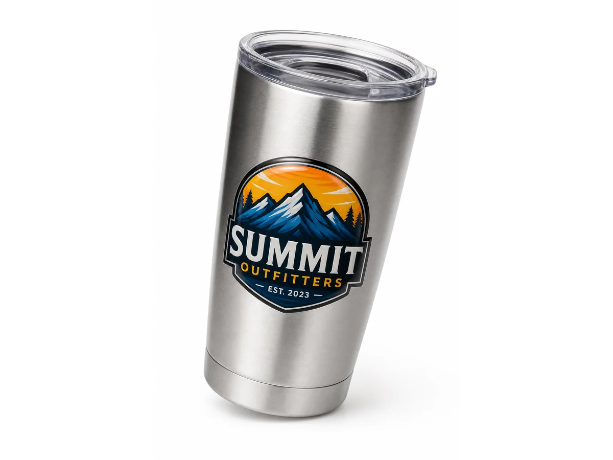 UV DTF crystal label on stainless steel tumbler showing 3D domed waterproof finish