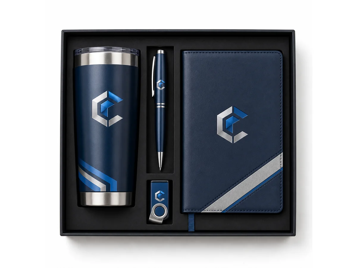 Corporate gift set with UV DTF crystal labels on tumbler pen USB drive - Fujia case study