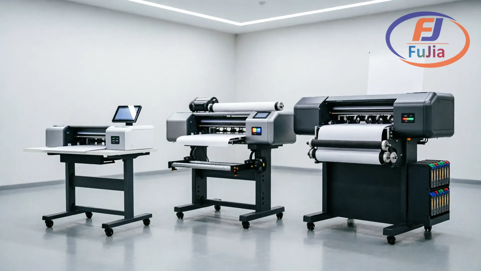 DTF printer size comparison: A3 desktop, 60cm mid-range, and industrial wide format models side by side