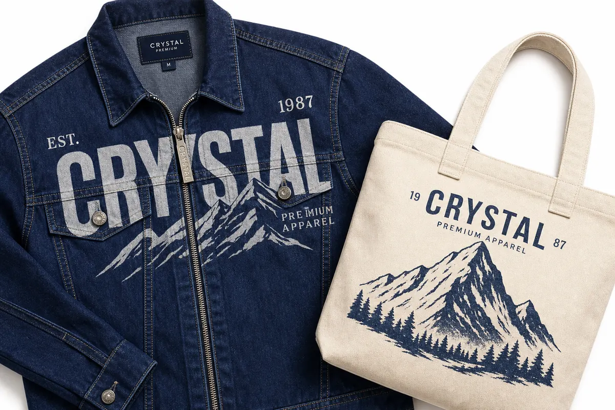 DTF heat transfer printing on denim jacket and canvas tote bag with UV DTF crystal label on zipper pull