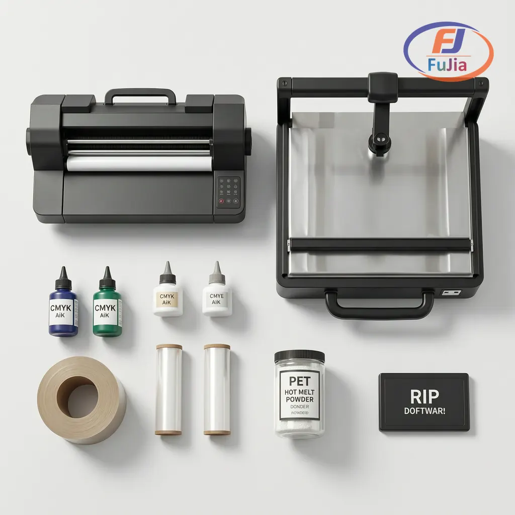 Flat lay of DTF printing startup equipment and consumables