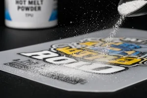 DTF hot melt powder application on printed transfer film