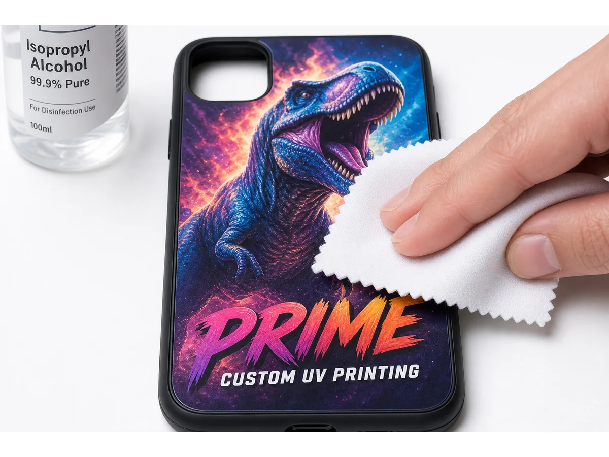UV print chemical resistance test showing alcohol and detergent exposure without degradation
