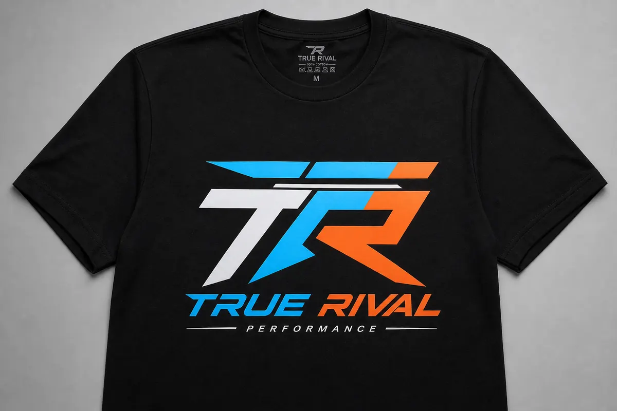 DTF printed cotton T-shirt with geometric sport logo - Fujia DTF printer sample