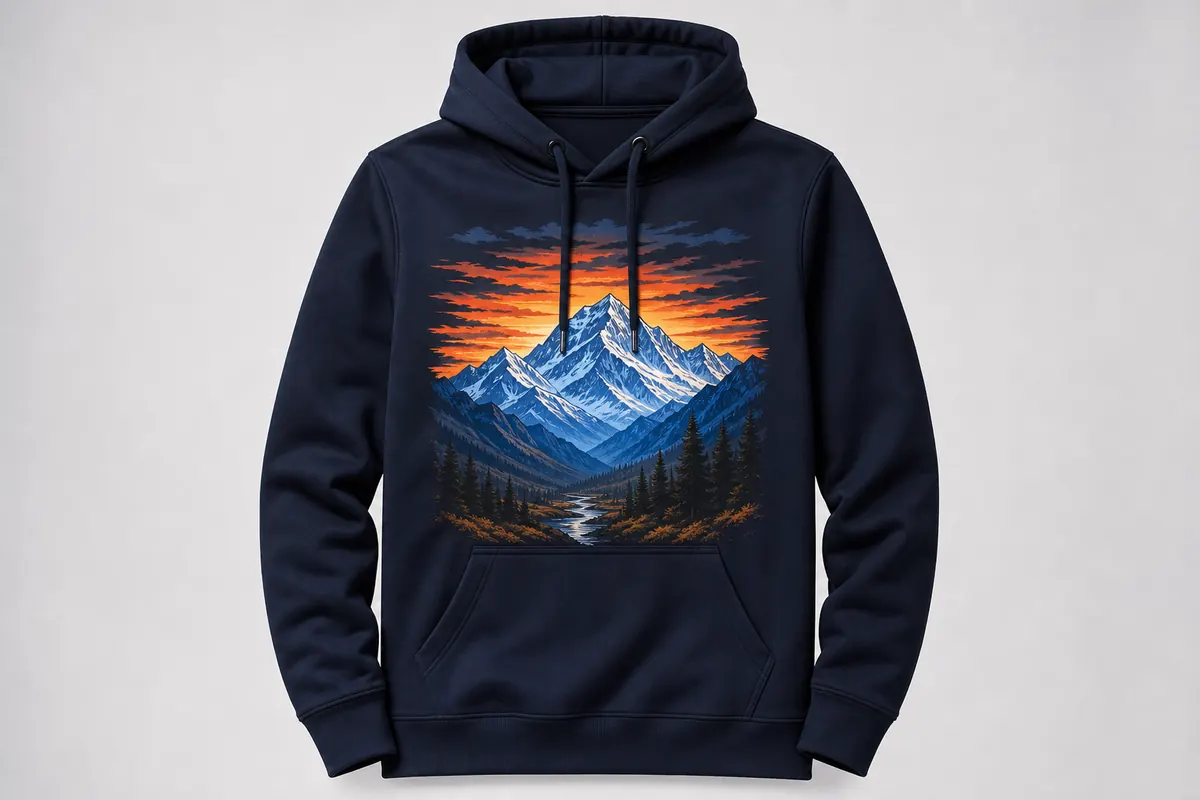 DTF printed polyester hoodie with mountain landscape design - Fujia DTF printer output