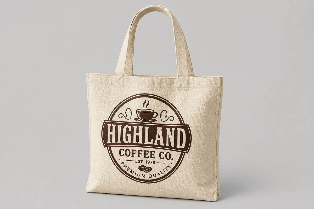 DTF printed canvas tote bag with vintage coffee logo - Fujia DTF printer application