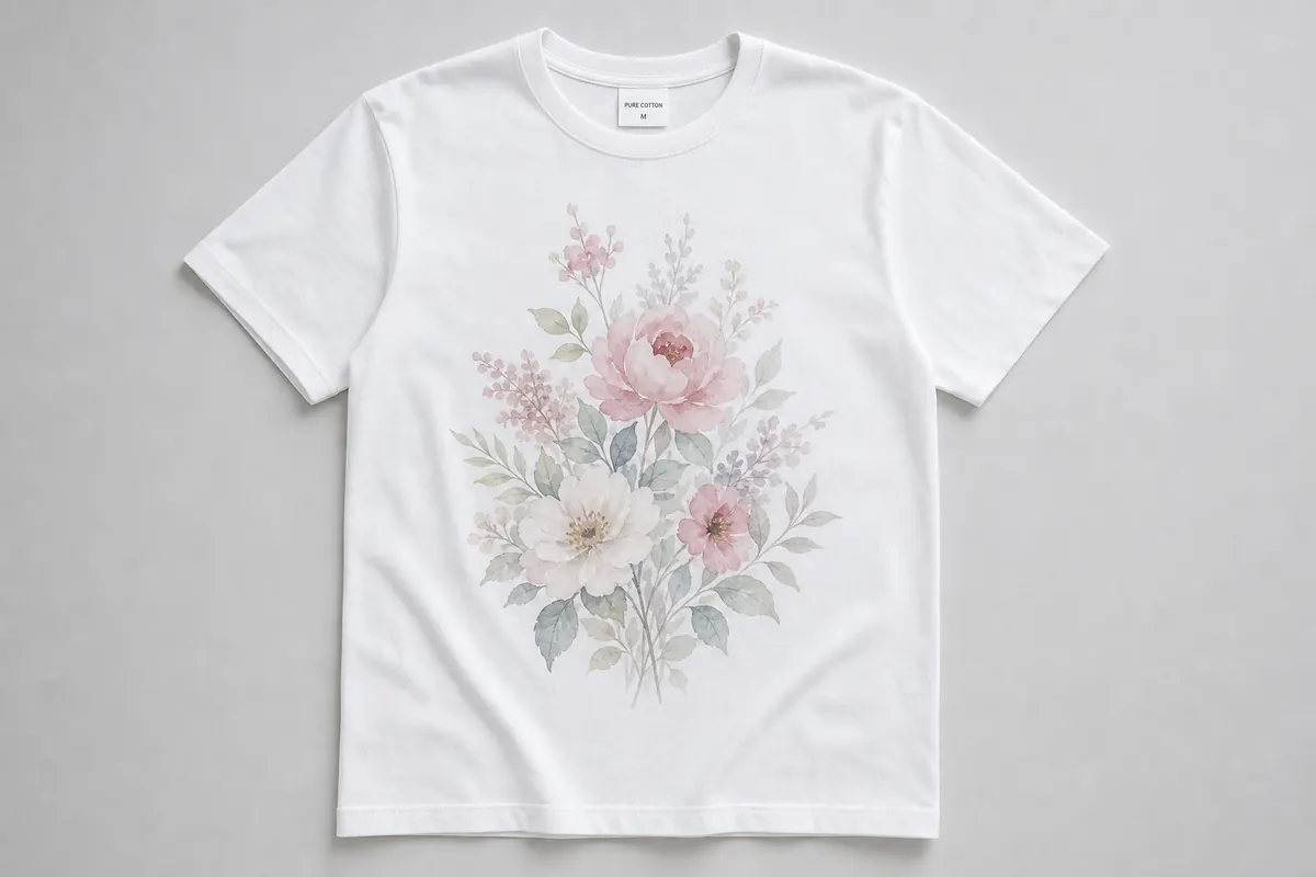 DTG printed premium cotton T-shirt with watercolor design showing soft breathable finish