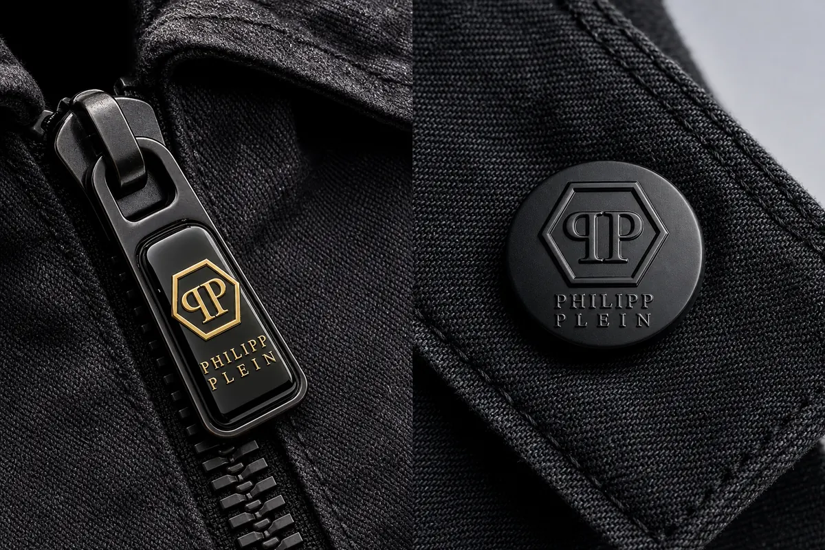 UV DTF 3D crystal label with gold logo on denim jacket zipper pull - Fujia UV DTF printer