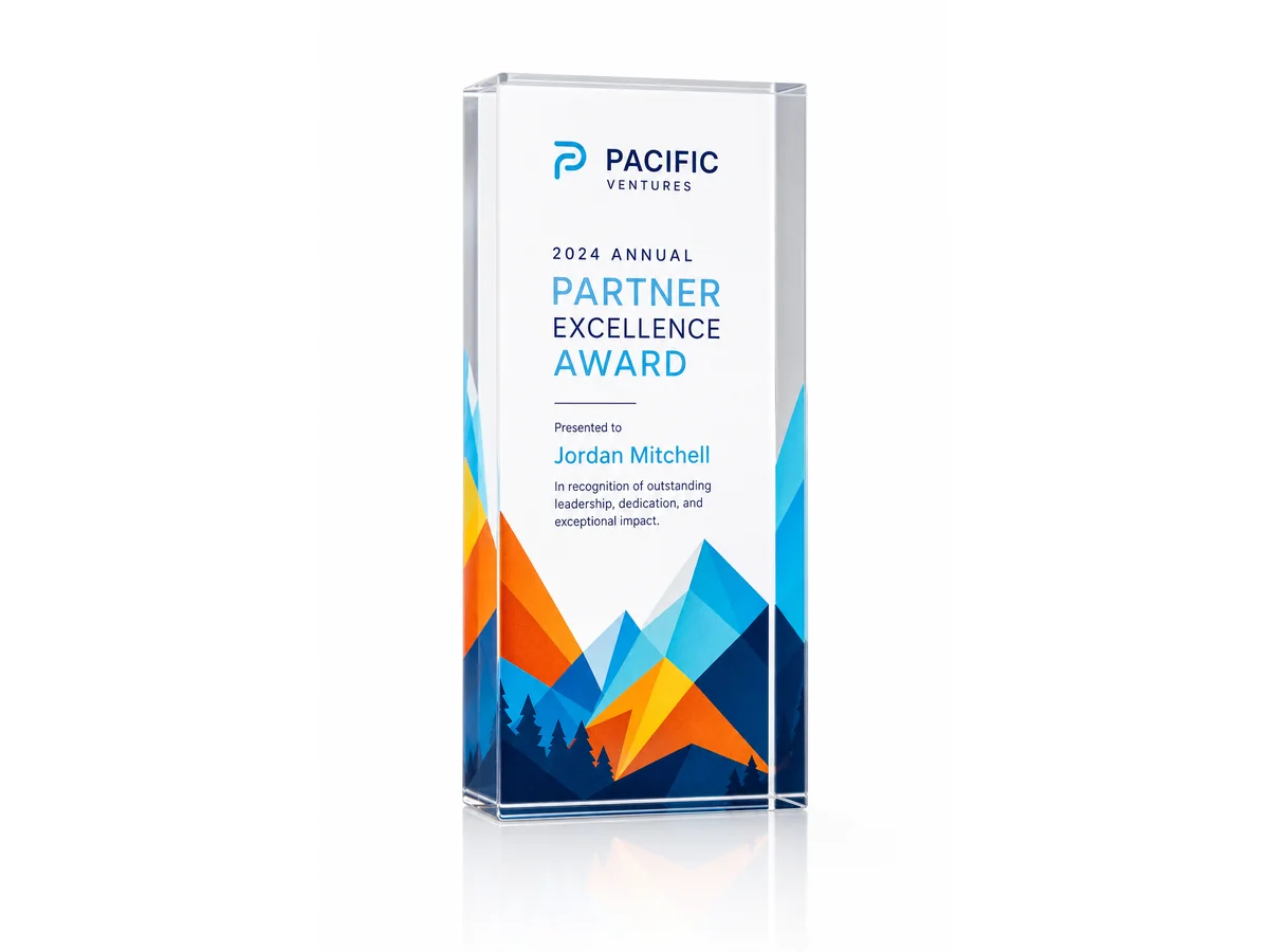 UV flatbed printed acrylic award with edge-to-edge color
