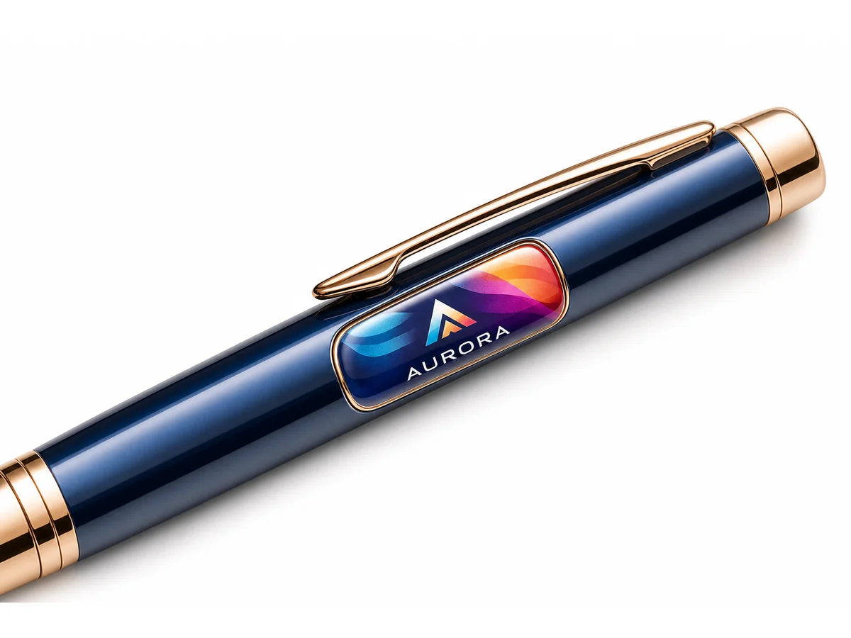 UV DTF crystal label on metal pen with brand logo