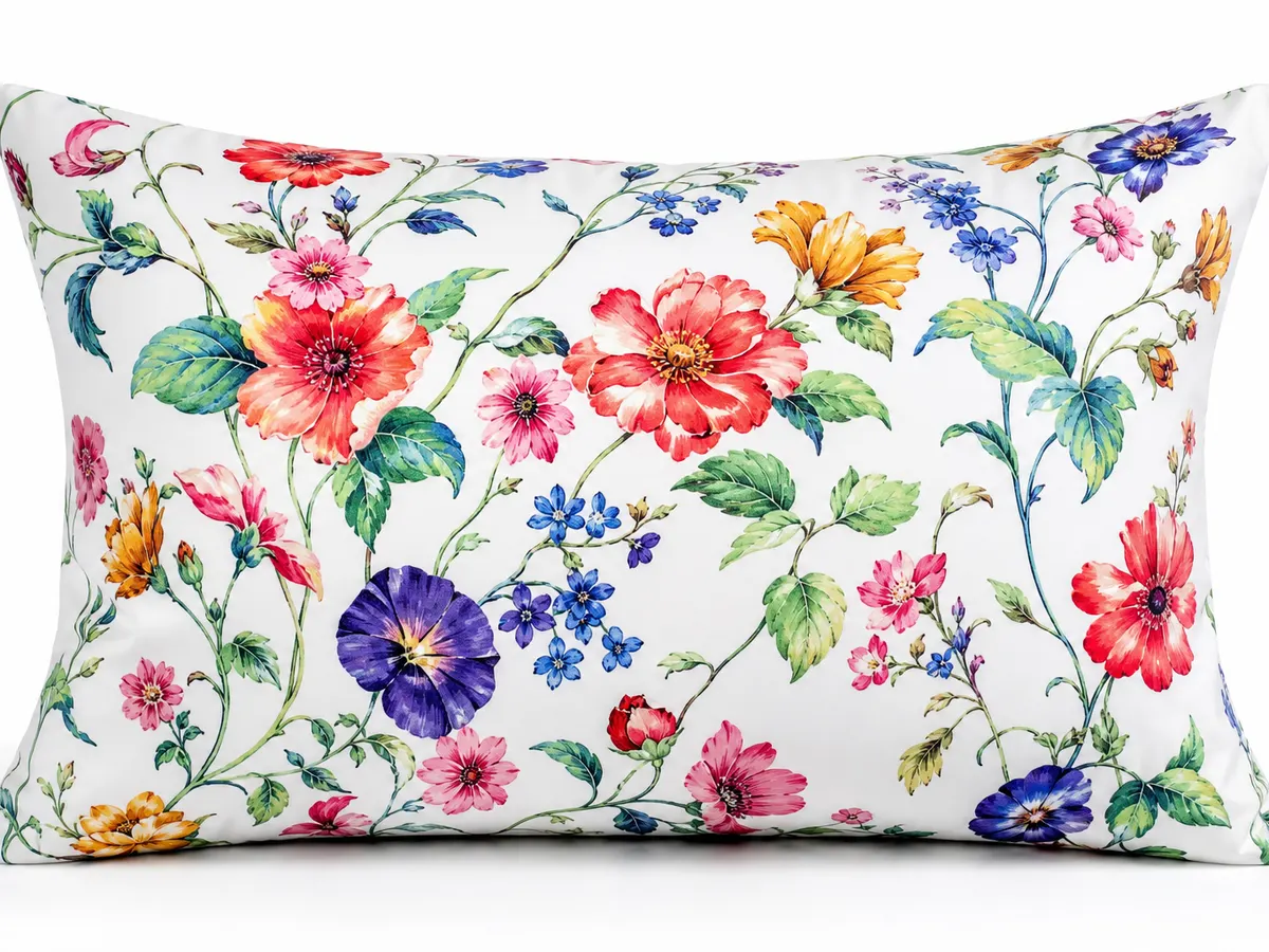 DTF fabric printing result — cotton pillowcase with vibrant opaque floral pattern after 50 washes
