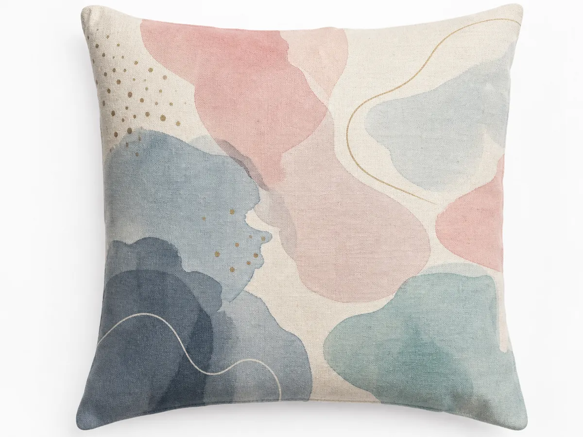 DTG fabric printing result — cotton-blend pillow cover with soft watercolor botanical pattern