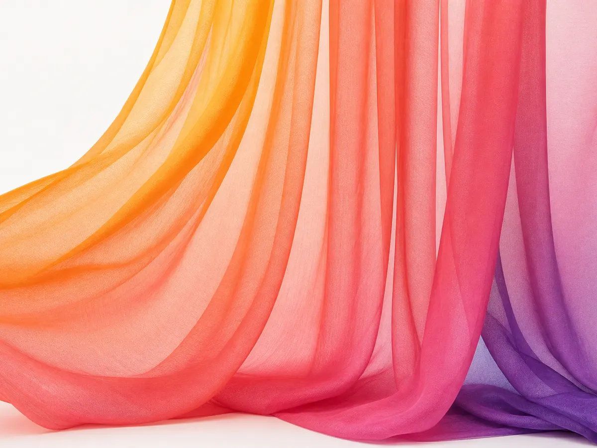 Sublimation fabric printing result — sheer polyester curtain with seamless ombre sunset gradient