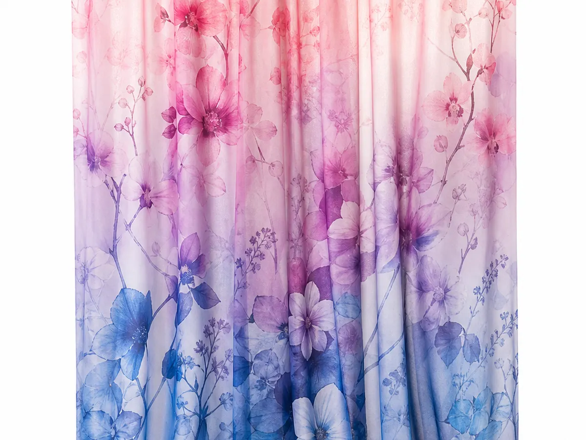 Sublimation fabric printing sample — flowing sheer curtain with full-color ombre floral design
