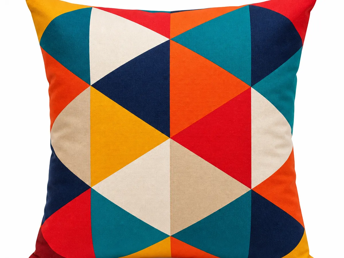 DTF fabric printing sample — decorative cotton cushion cover with vibrant geometric pattern