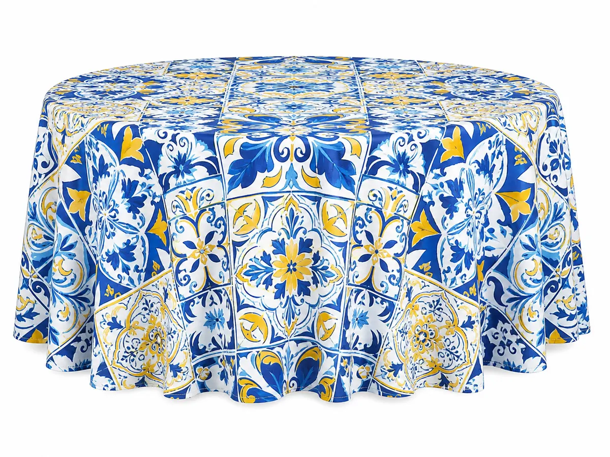 Sublimation fabric printing sample — round polyester tablecloth with Mediterranean tile pattern