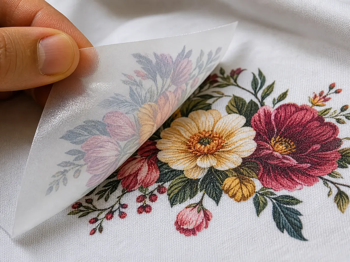 DTF fabric printing machine process — hot peel transfer on cotton bedding fabric revealing vibrant floral pattern