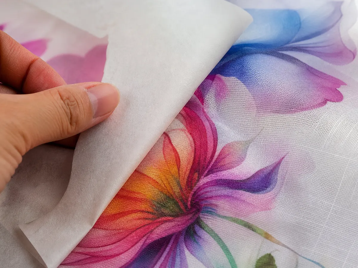 Sublimation fabric printing machine process — peeling transfer paper off polyester curtain fabric