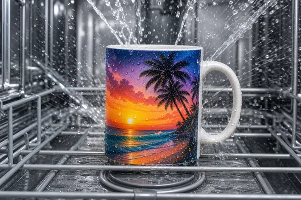 UV printed mug surviving 500+ dishwasher cycles without fading or peeling