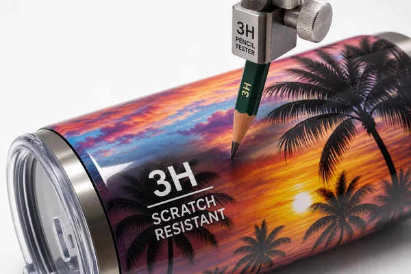 UV printed tumbler passing 3H pencil hardness scratch resistance test