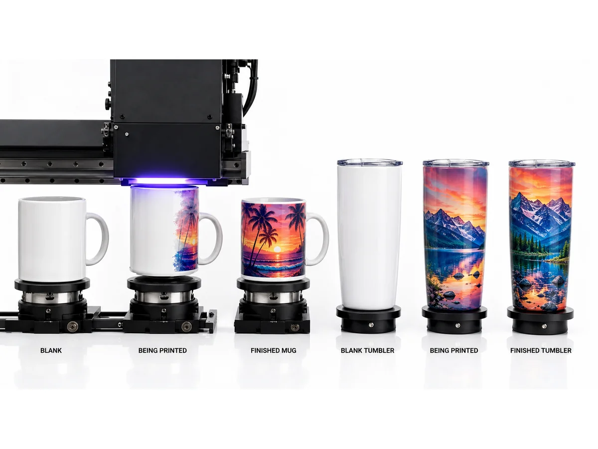 Combined Sublimation and UV DTF setup for complete drinkware printing line - mugs bottles tumblers