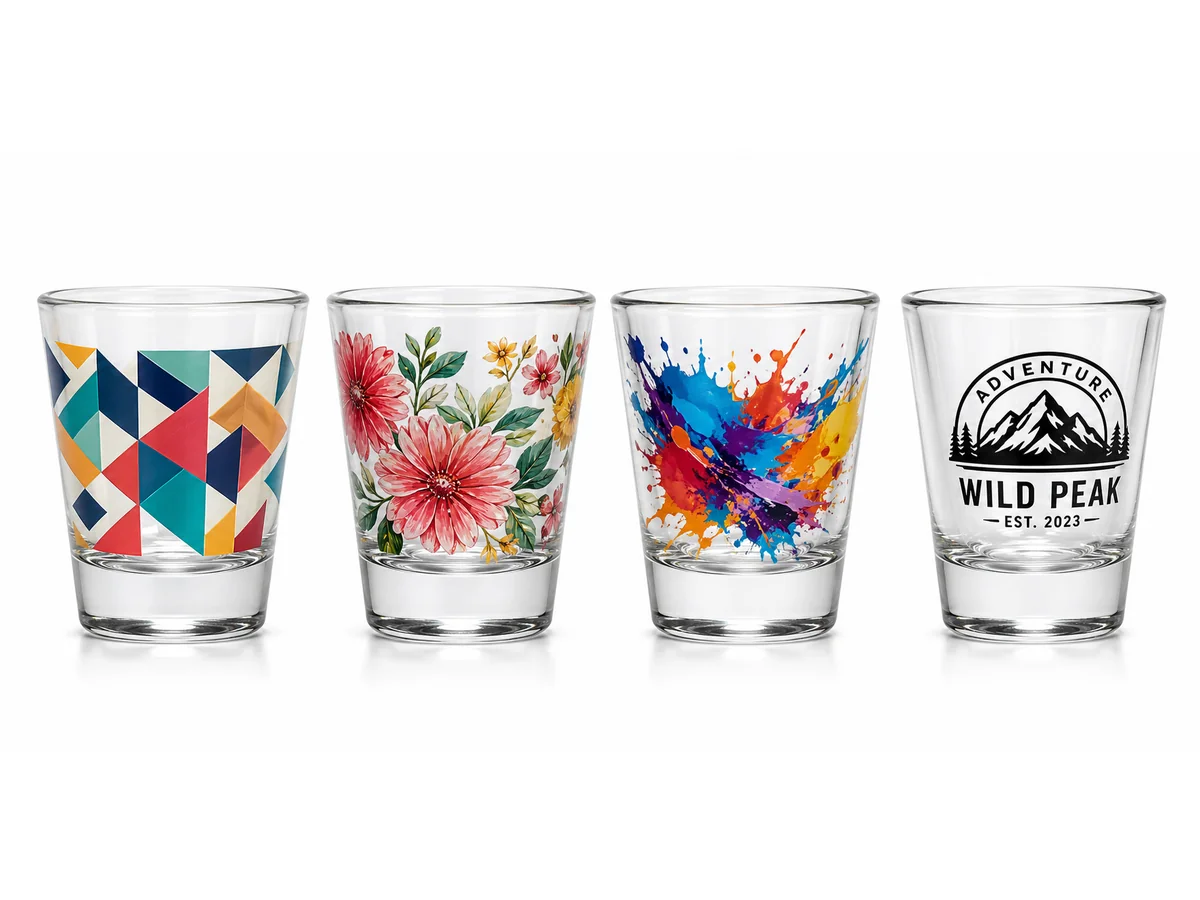 Sublimation printed shot glass set with matching brand designs