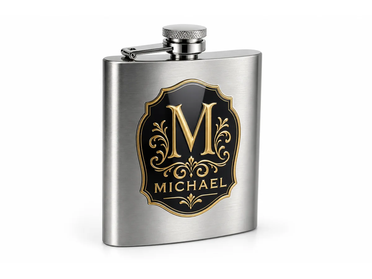 UV DTF crystal label on metal hip flask - luxury wrap-around drinkware design