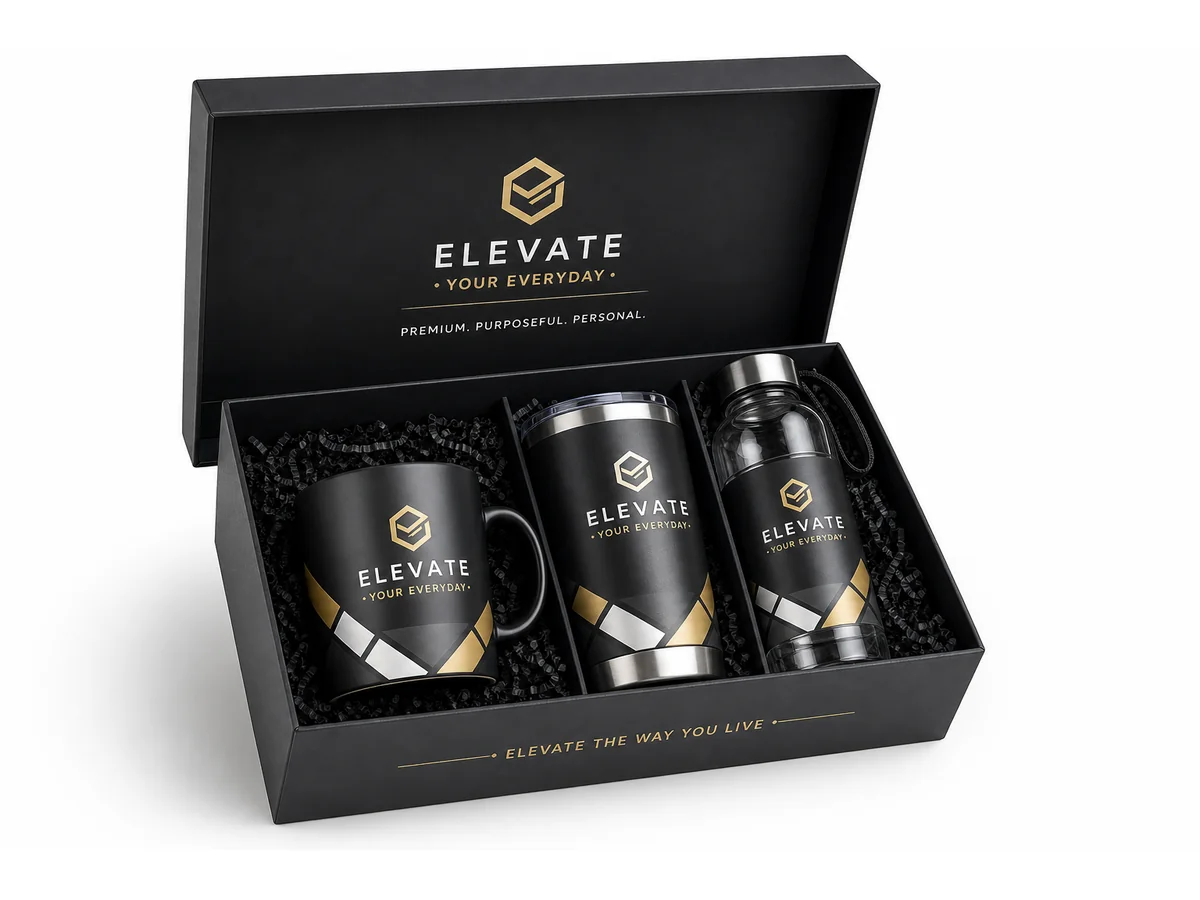 Complete drinkware gift set with Sublimation mug and UV DTF bottle - matching brand colors