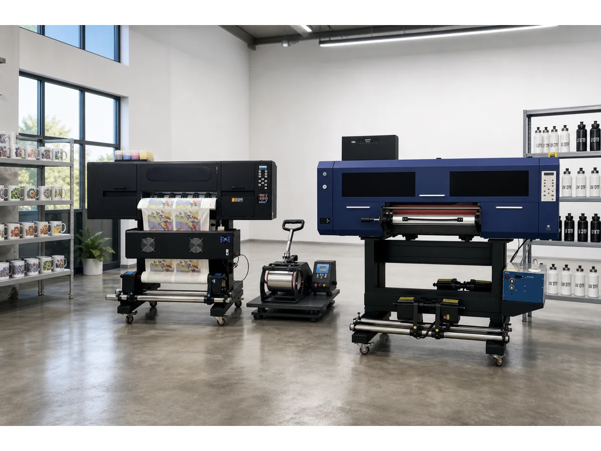 Industrial-scale drinkware printing line with multiple Sublimation and UV DTF machines for corporate gift production