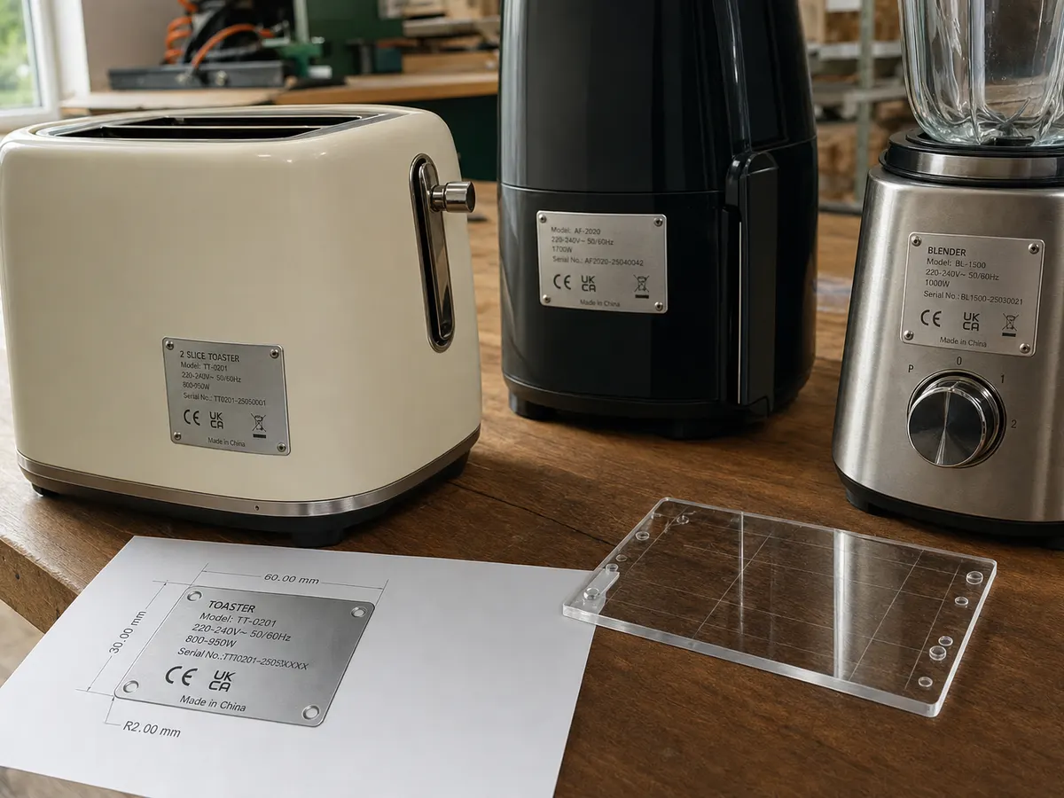 Small appliance branding workshop using product labeling machine for rating plates