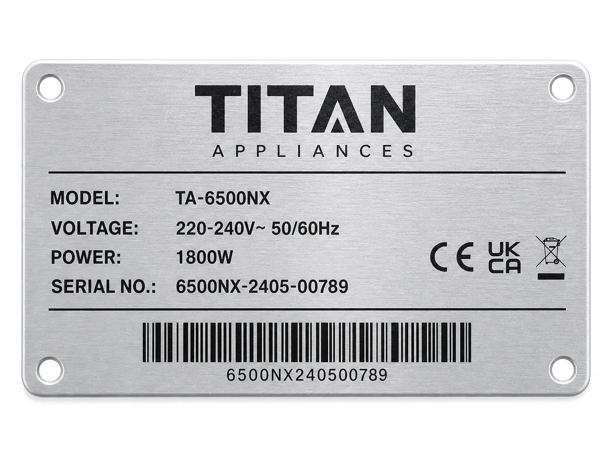 Metal appliance nameplate sample from product labeling machine with crisp UV printed text