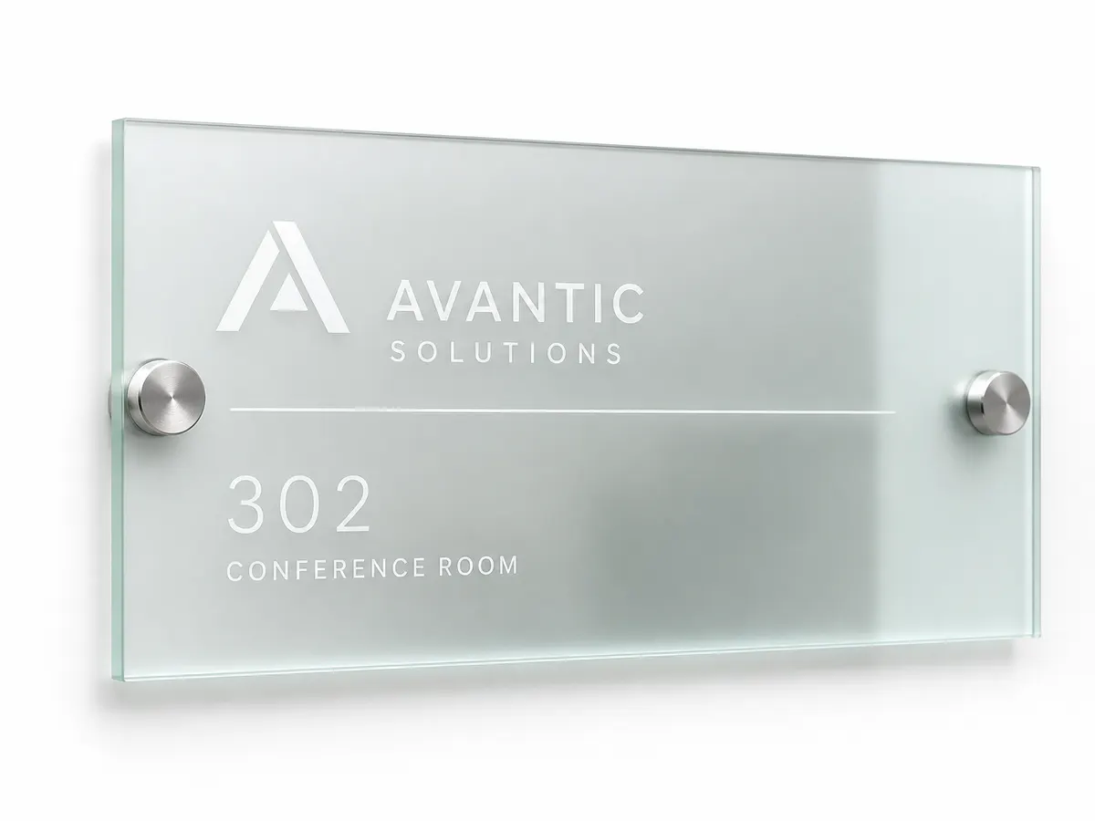 Frosted glass signage panel from product labeling machine with crisp white ink