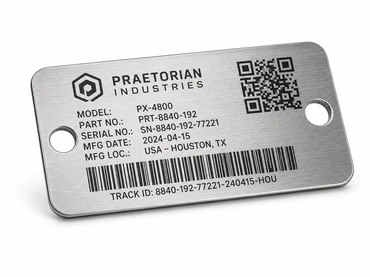 Metal serial tag with barcode — product labeling machine output for short-run variable data