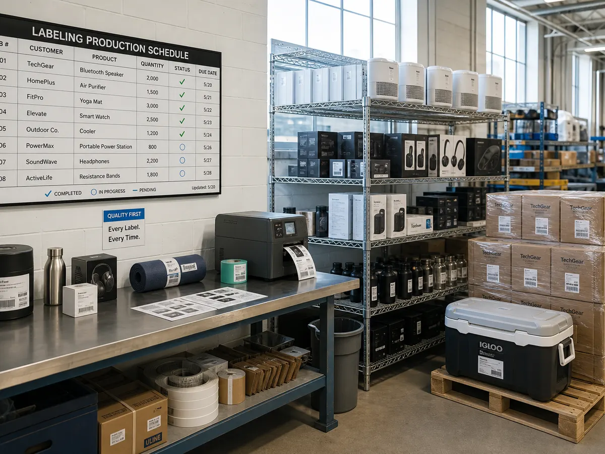 Production labeling service with product labeling machine output racks