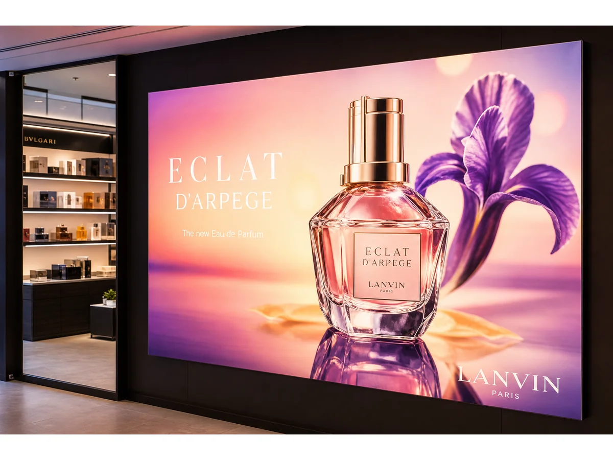 Eco-Solvent printed backlit display film illuminated in retail store with smooth gradients and bright colors