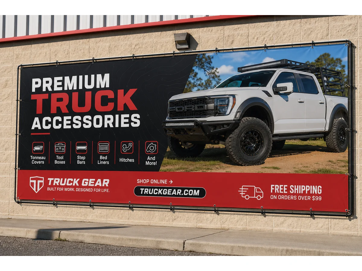 Eco-Solvent printed outdoor PVC banner with vivid full-color signage on building exterior