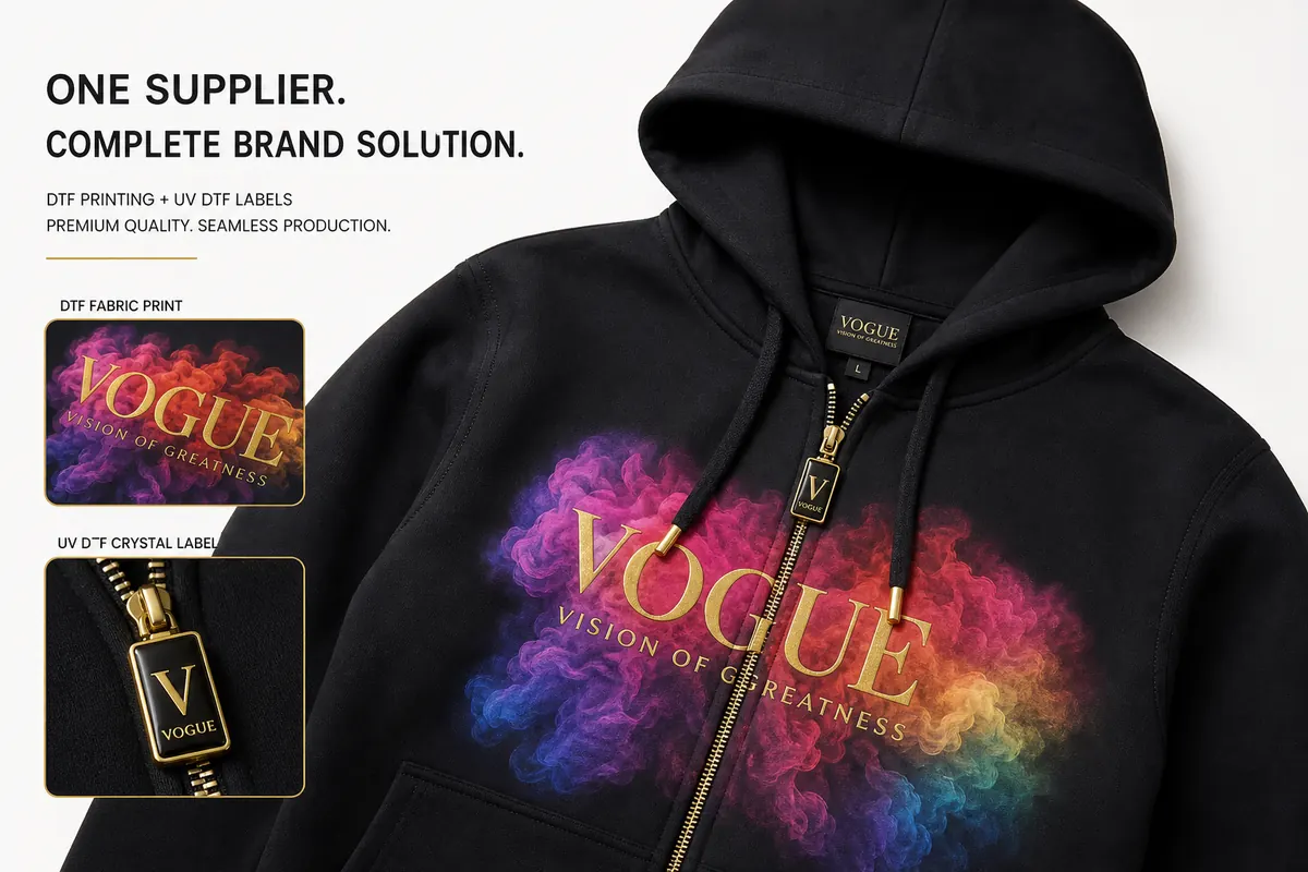 Premium hoodie with DTF chest print and UV DTF crystal label on zipper pull - Fujia combo solution case study