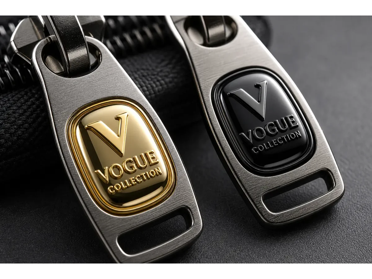 UV DTF 3D embossed crystal label on garment zipper pull showing glossy domed surface detail