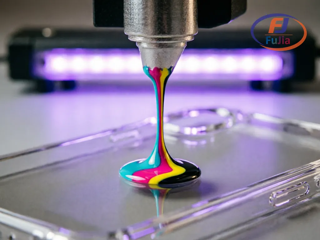 UV ink droplets jetting from printhead onto phone case surface