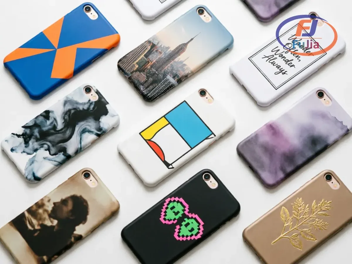 UV flatbed printing on plastic phone cases showing vibrant CMYK white ink full-color logo output